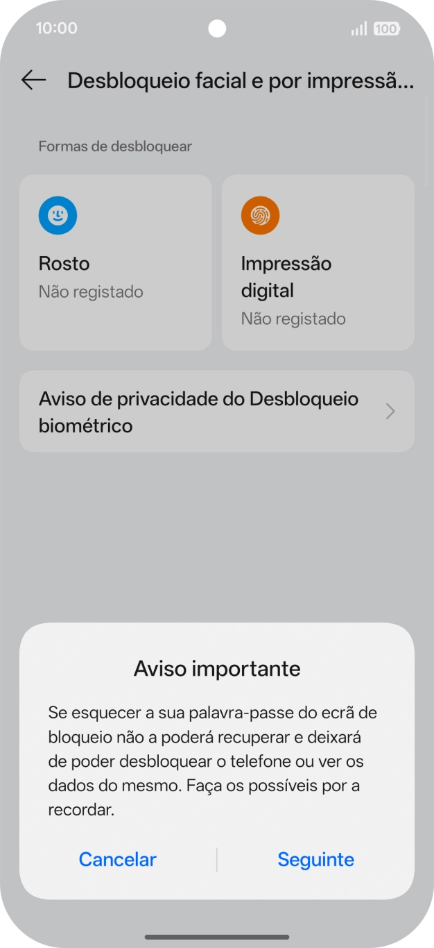 Prima Seguinte e siga as indicações no ecrã para estabelecer um código de bloqueio adicional.