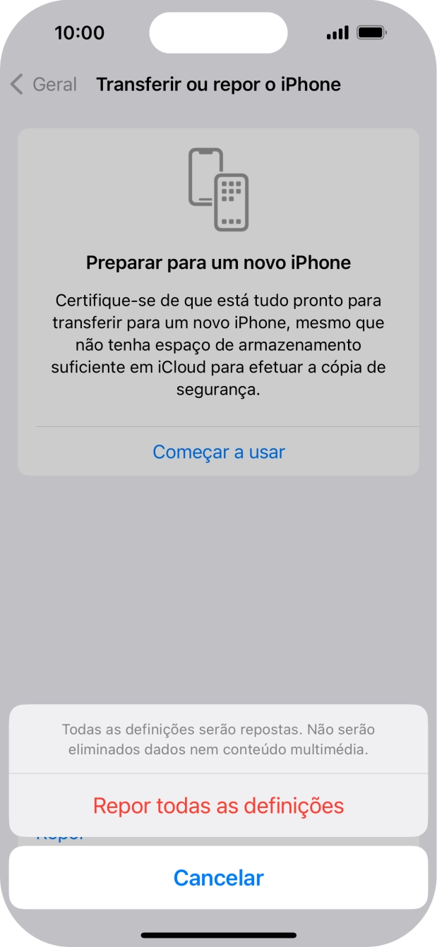 Prima Repor todas as definições.