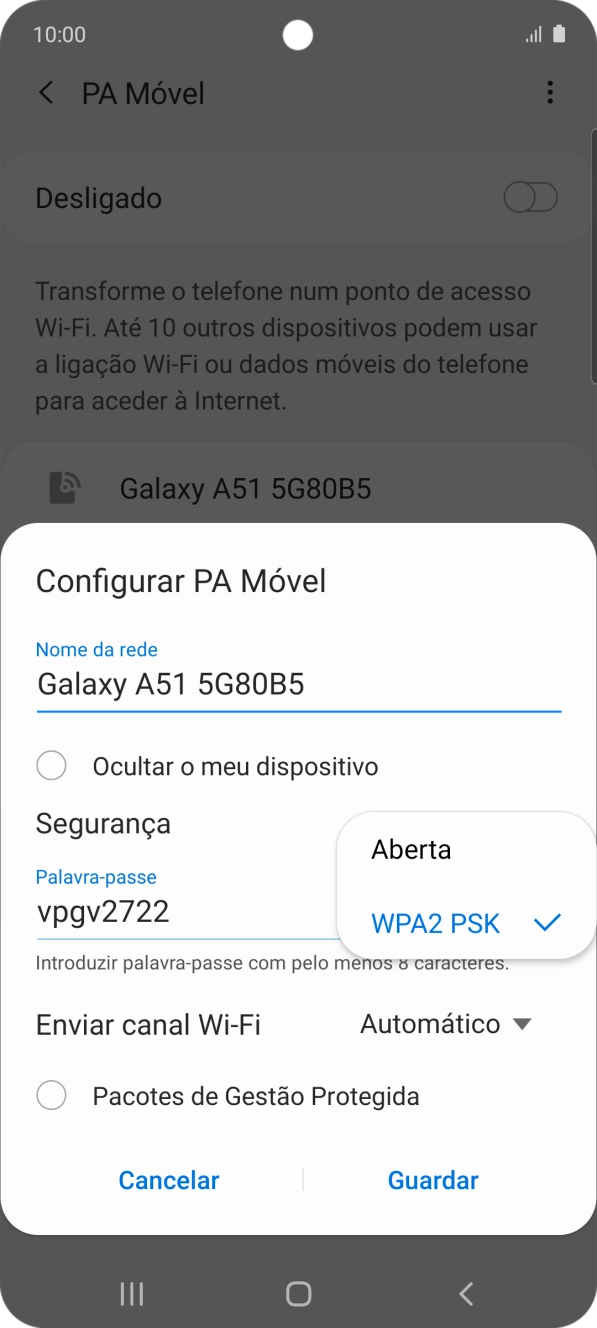 Prima WPA2 PSK para proteger o hotspot Wi-Fi com uma password.