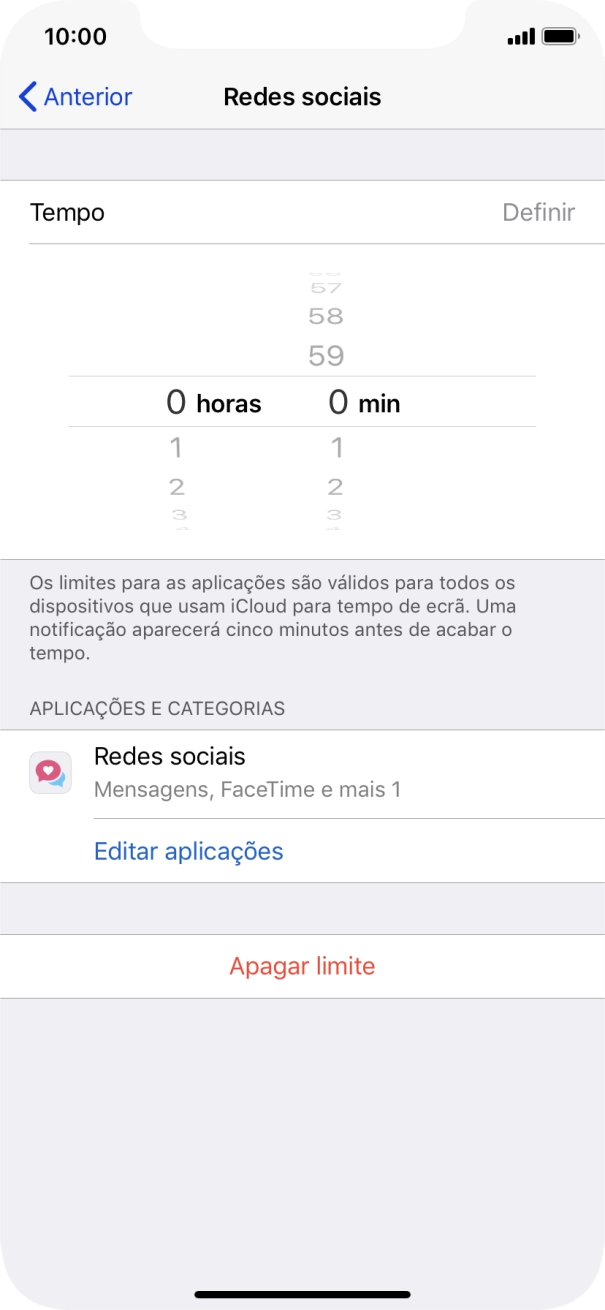 Defina o limite de tempo pretendido para uso da categoria selecionada.