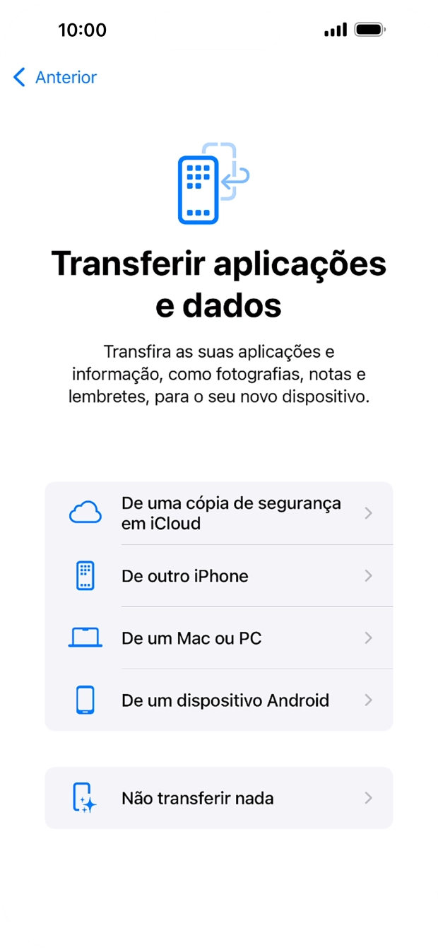 É possível transferir conteúdo de um telefone Android quando o telefone for ativado antes da primeira utilização e quando o telefone tiver sido reiniciado. Quando esta imagem for mostrada no ecrã, o telefone está pronto para transferir conteúdo de um telefone Android.