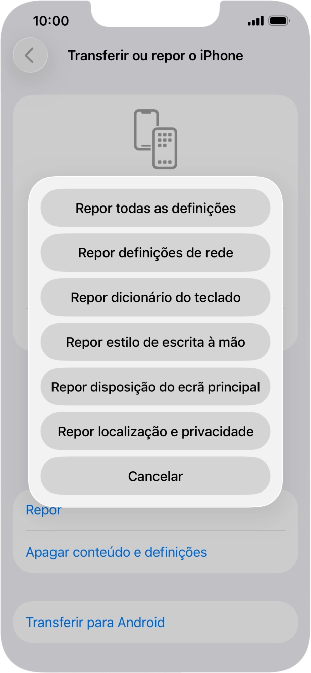 Prima Repor definições de rede.