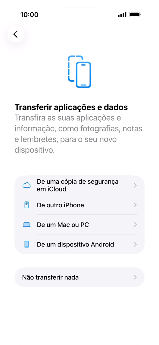 É possível transferir conteúdo de um telefone Android quando o telefone for ativado antes da primeira utilização e quando o telefone tiver sido reiniciado. Quando esta imagem for mostrada no ecrã, o telefone está pronto para transferir conteúdo de um telefone Android.
