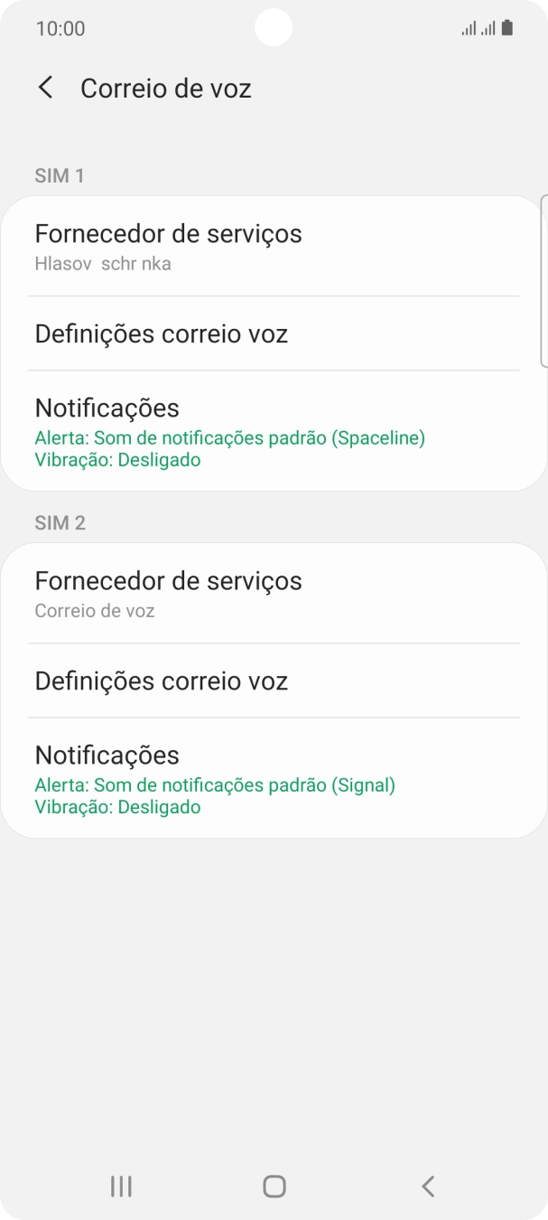 Prima Definições correio voz sob o cartão SIM pretendido.