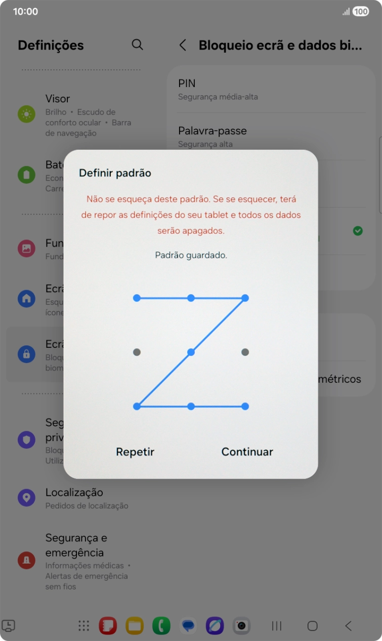 Deslize o dedo no ecrã ligando pelo menos quatro pontos e prima Continuar.
