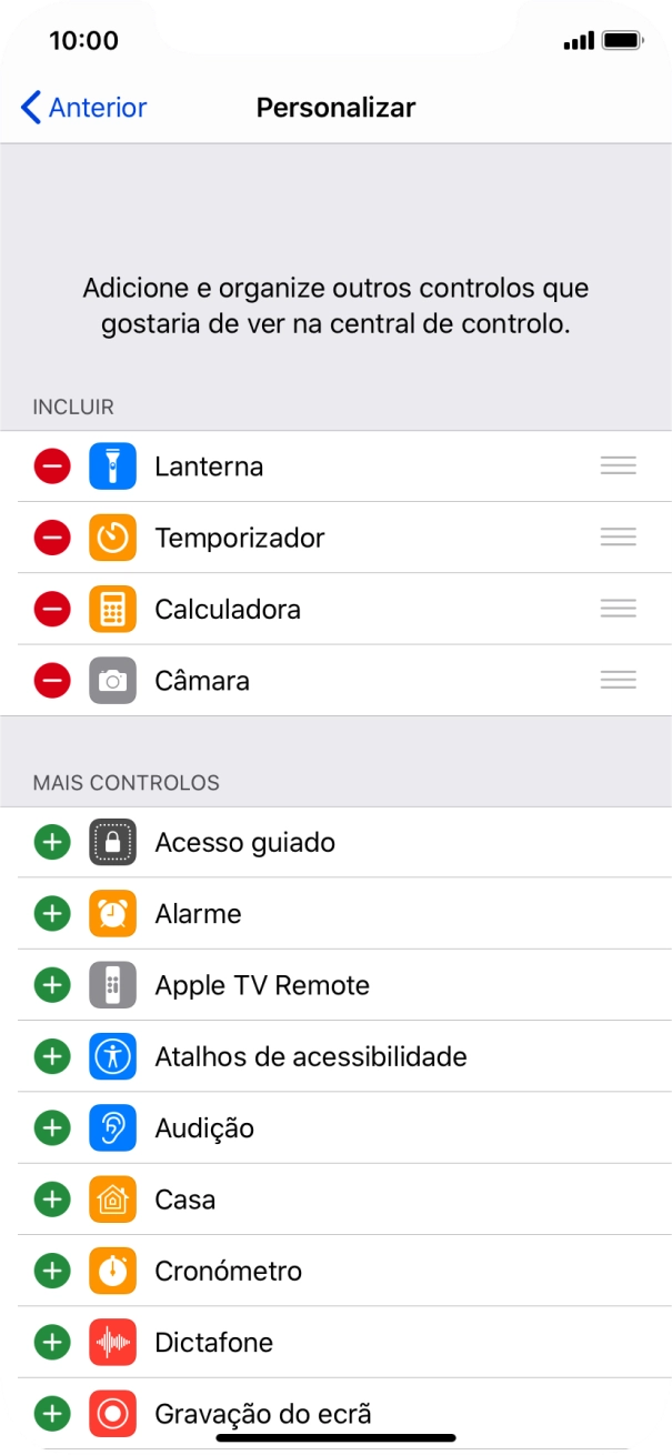 Prima o ícone para apagar junto da função pretendida para a remover da Central de controlo.