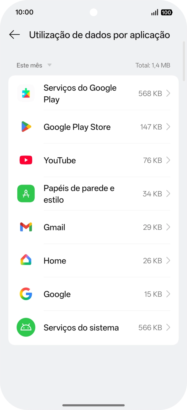 O consumo de dados de cada aplicação é mostrado sob o nome da aplicação.