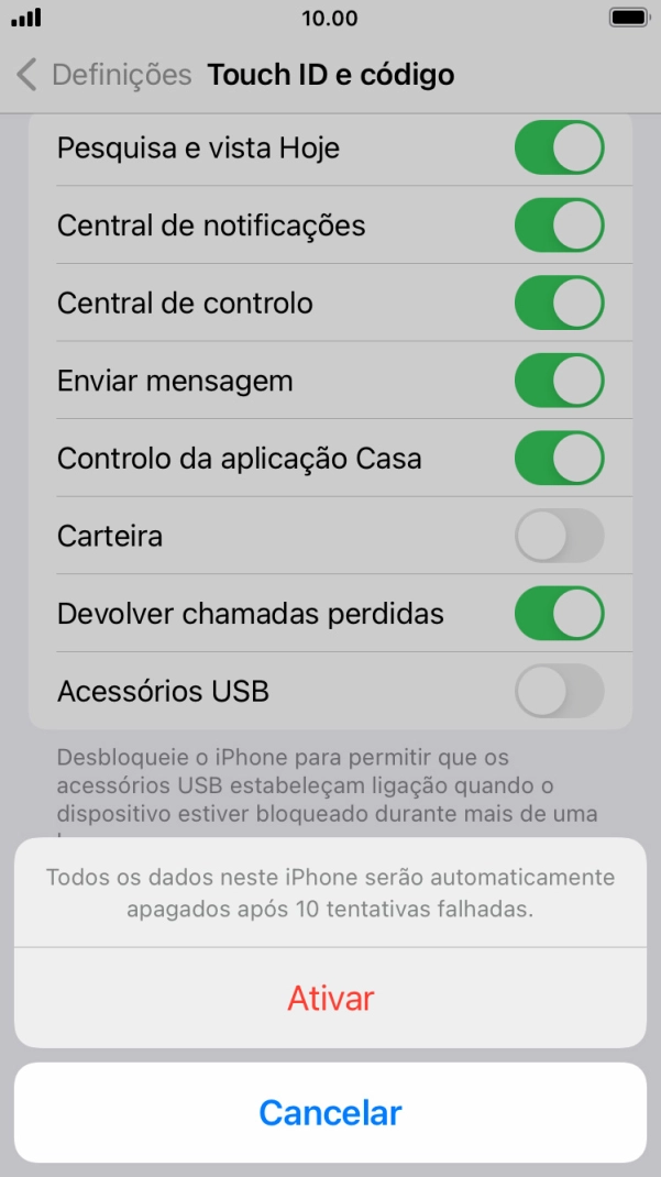 Se ativar a função, prima Ativar.