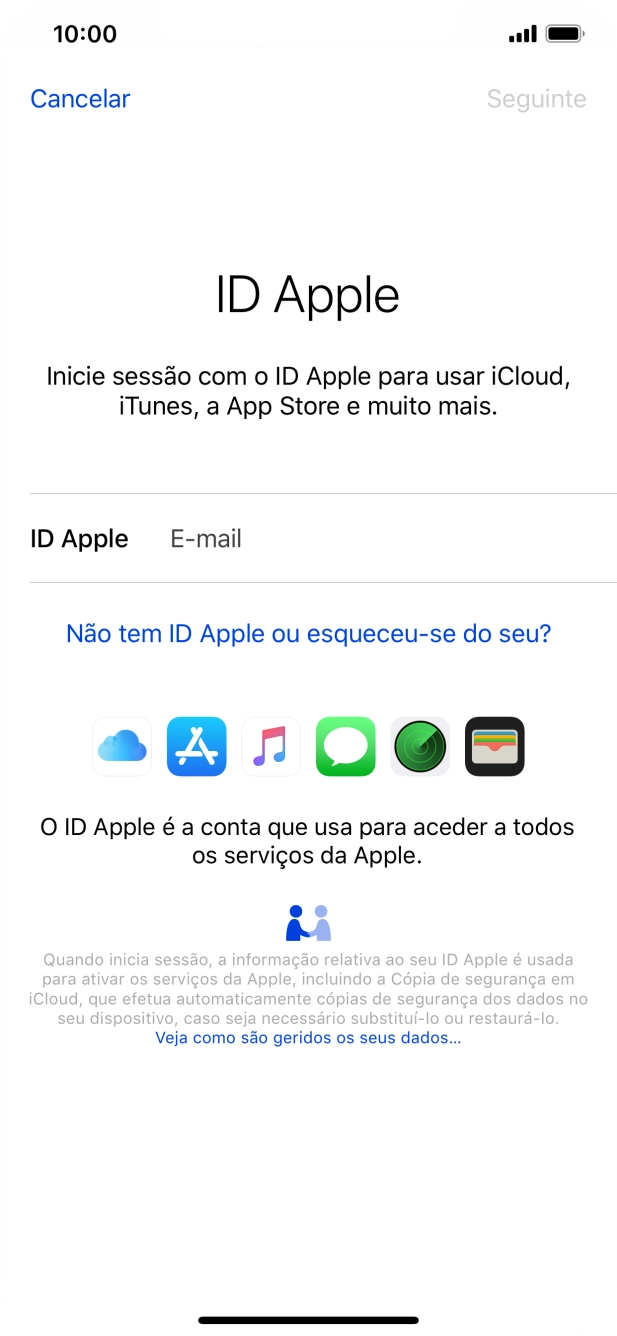 Se não tiver um ID Apple, prima Não tem ID Apple ou esqueceu-se do seu? e siga as indicações no ecrã para criar um ID Apple.