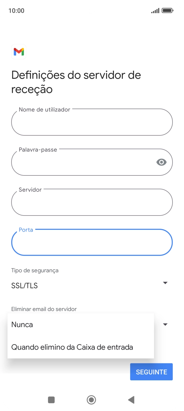 Prima Nunca para manter os e-mails no servidor quando estes são apagados no telefone.