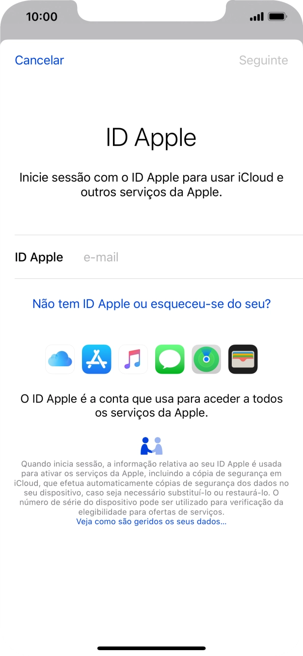 Se não tiver um ID Apple, prima Não tem ID Apple ou esqueceu-se do seu? e siga as indicações no ecrã para criar um ID Apple.