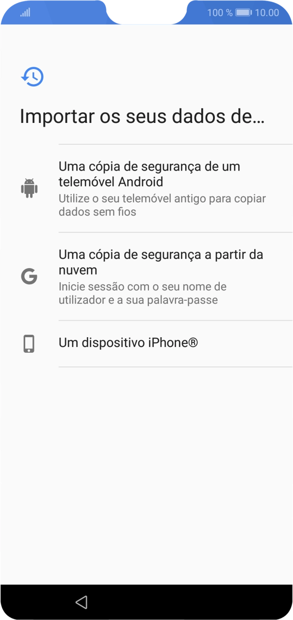 Prima a opção pretendida e siga as indicações no ecrã para transferir conteúdo de outro telefone e completar a ativação do telefone.