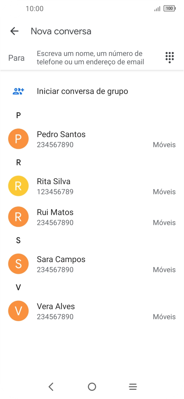 Prima a caixa de pesquisa e introduza as primeiras letras do nome do destinatário.