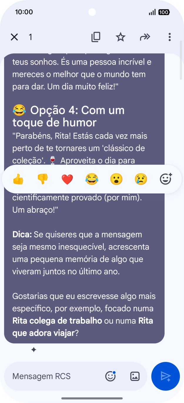 Mantenha premida por um momento a sugestão de texto da Gemini. Siga as indicações no ecrã  para utilizar a sugestão de texto.
