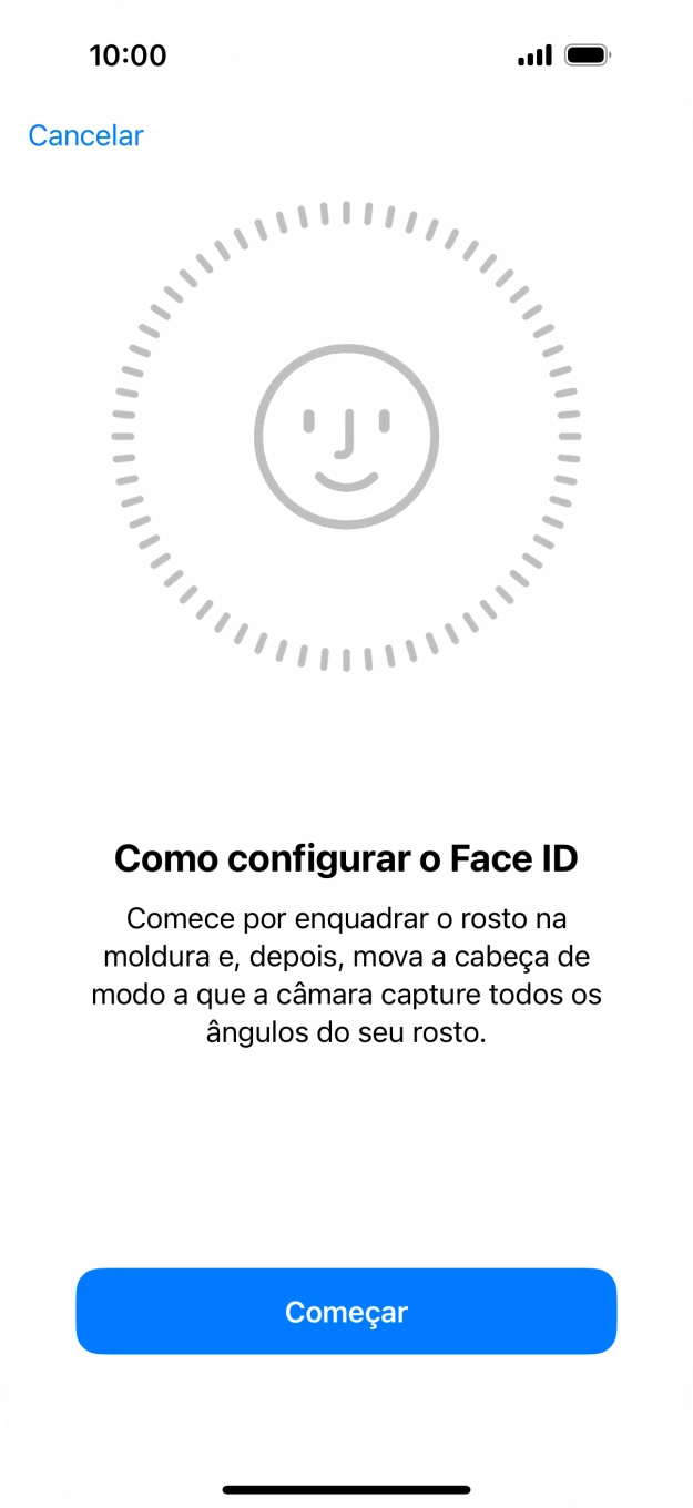 Prima Começar e siga as indicações no ecrã para estabelecer um código de reconhecimento facial (Face ID).