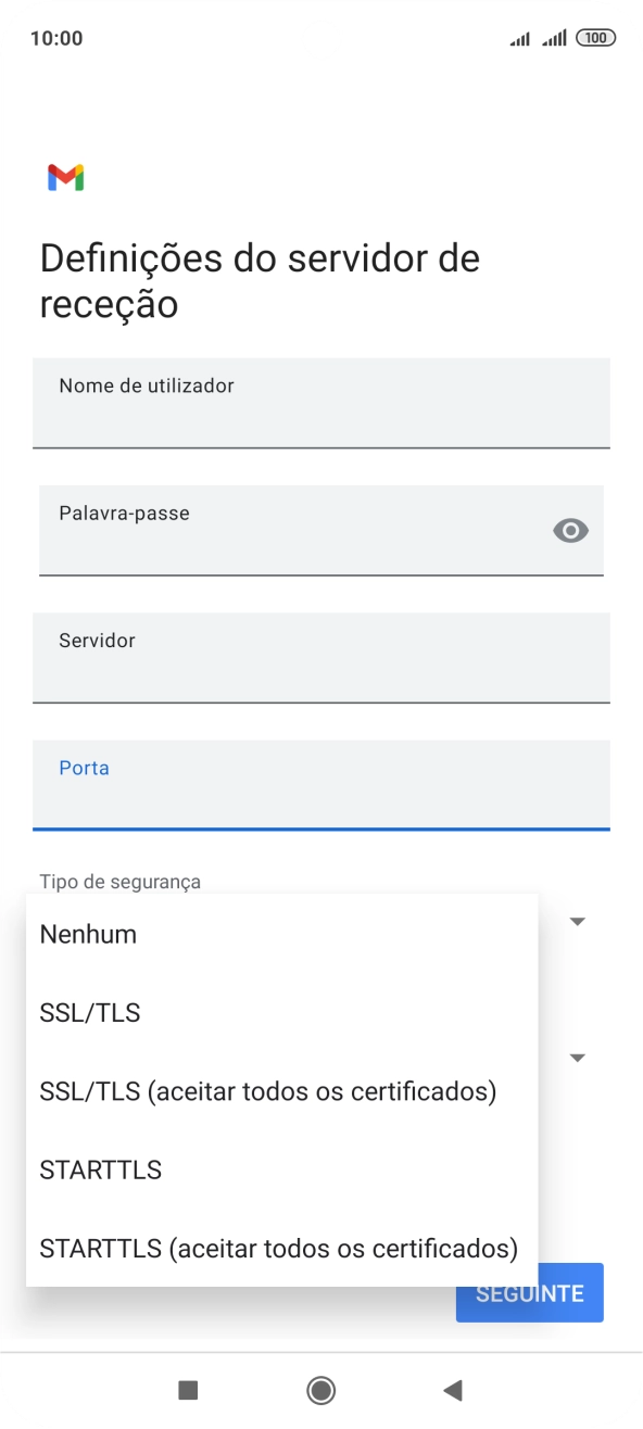 Prima SSL/TLS para ativar a função.