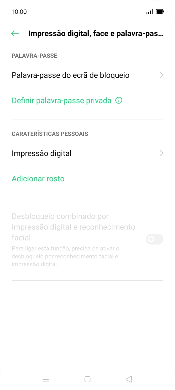 Prima Impressão digital e introduza o código adicional de bloqueio do telefone que criou anteriormente.