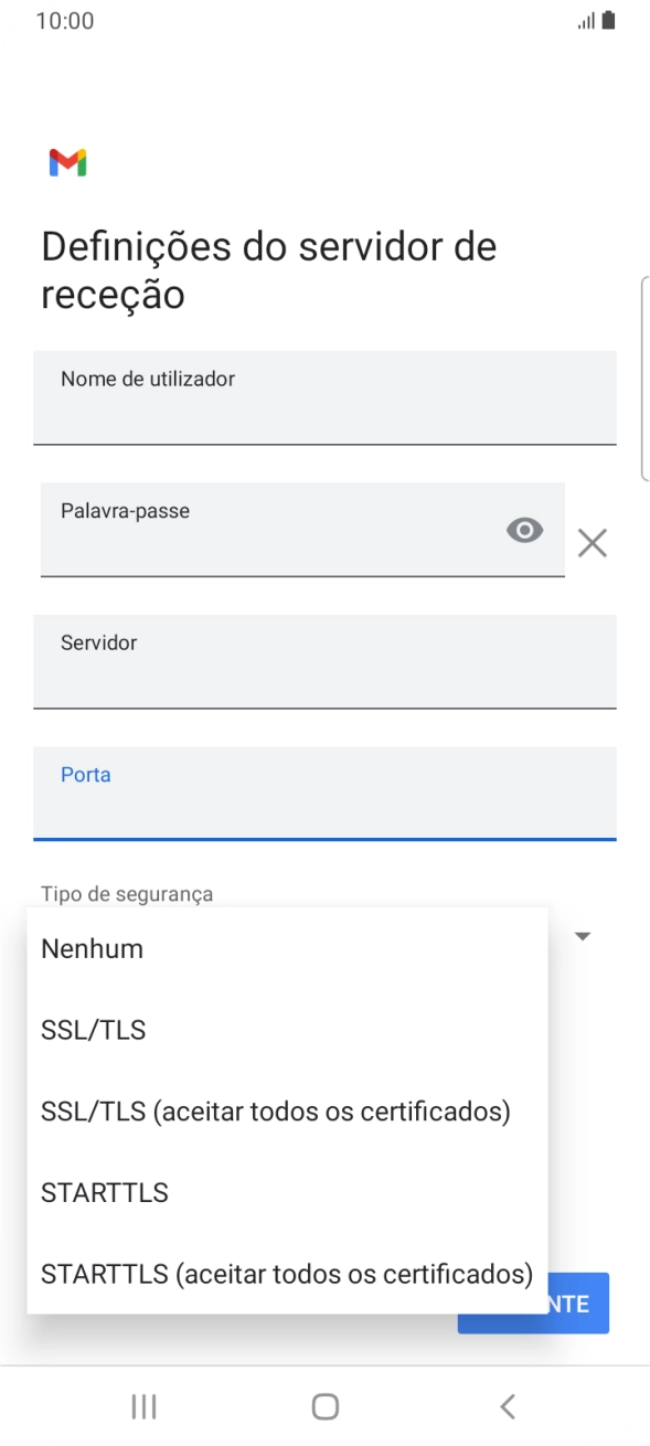 Prima SSL/TLS para ativar a função.