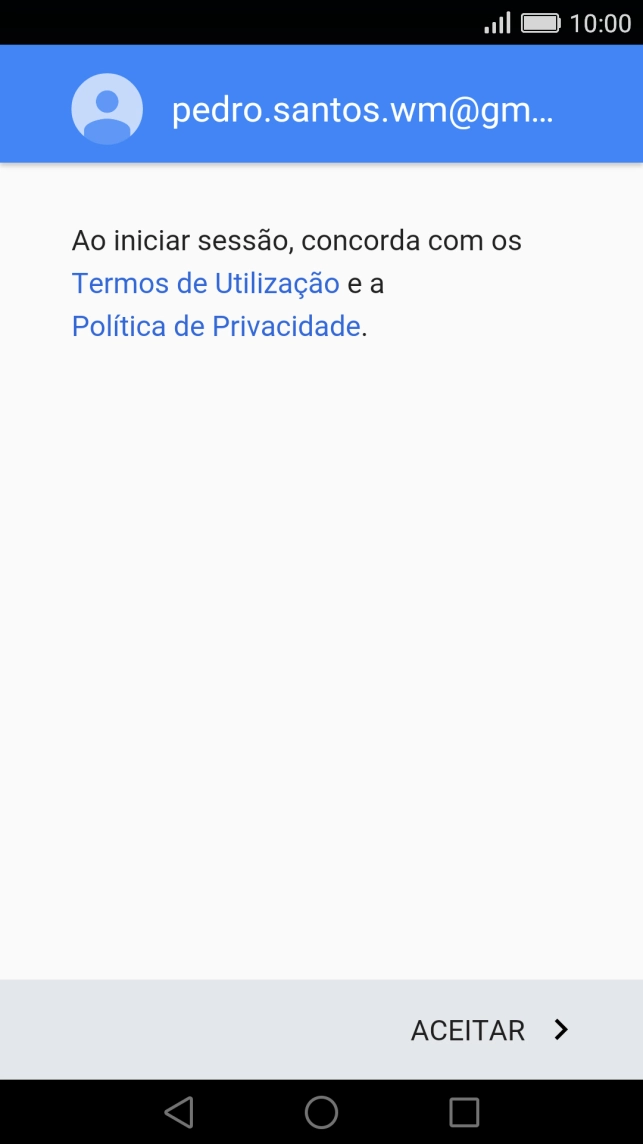 Prima ACEITAR e siga as indicações no ecrã para escolher as definições da conta Google.