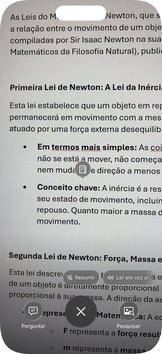 Para utilizar a inteligência visual num texto, tire uma foto do texto, prima a definição pretendida e siga as indicações no ecrã, para utilizar a função.