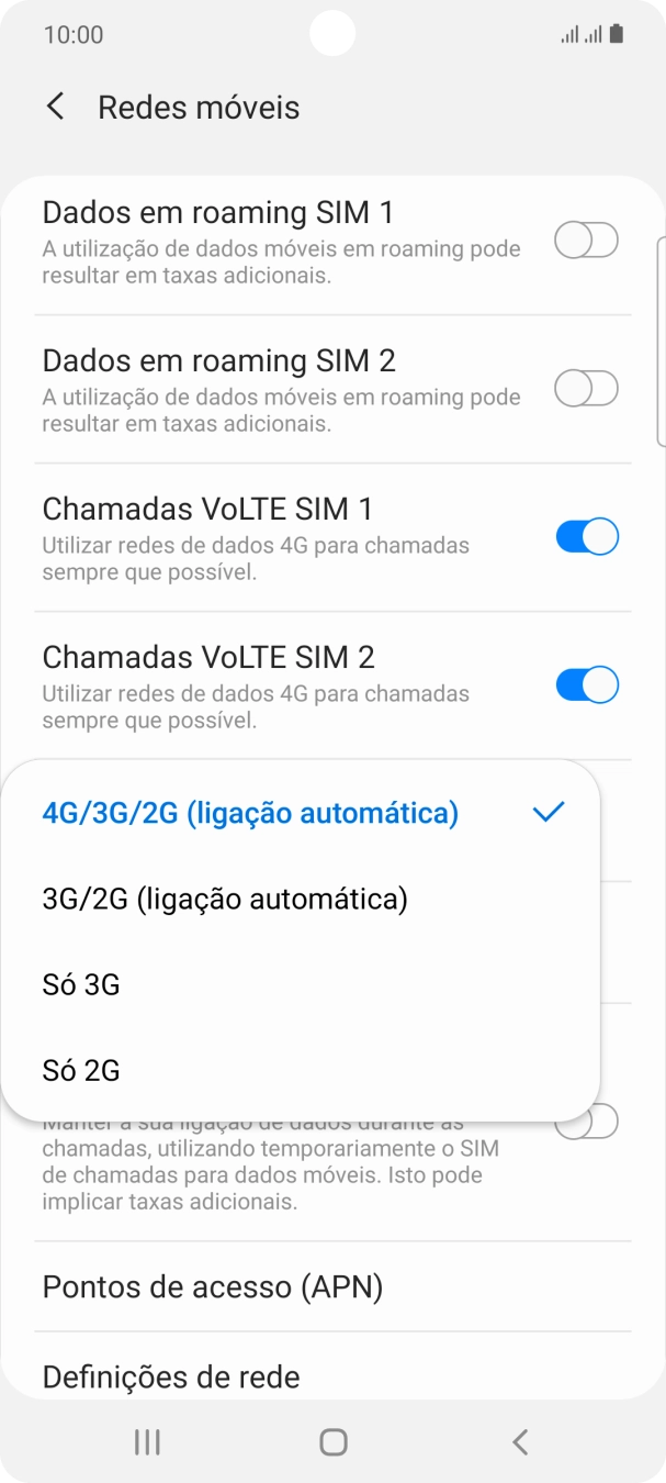 Prima o tipo de rede pretendido.