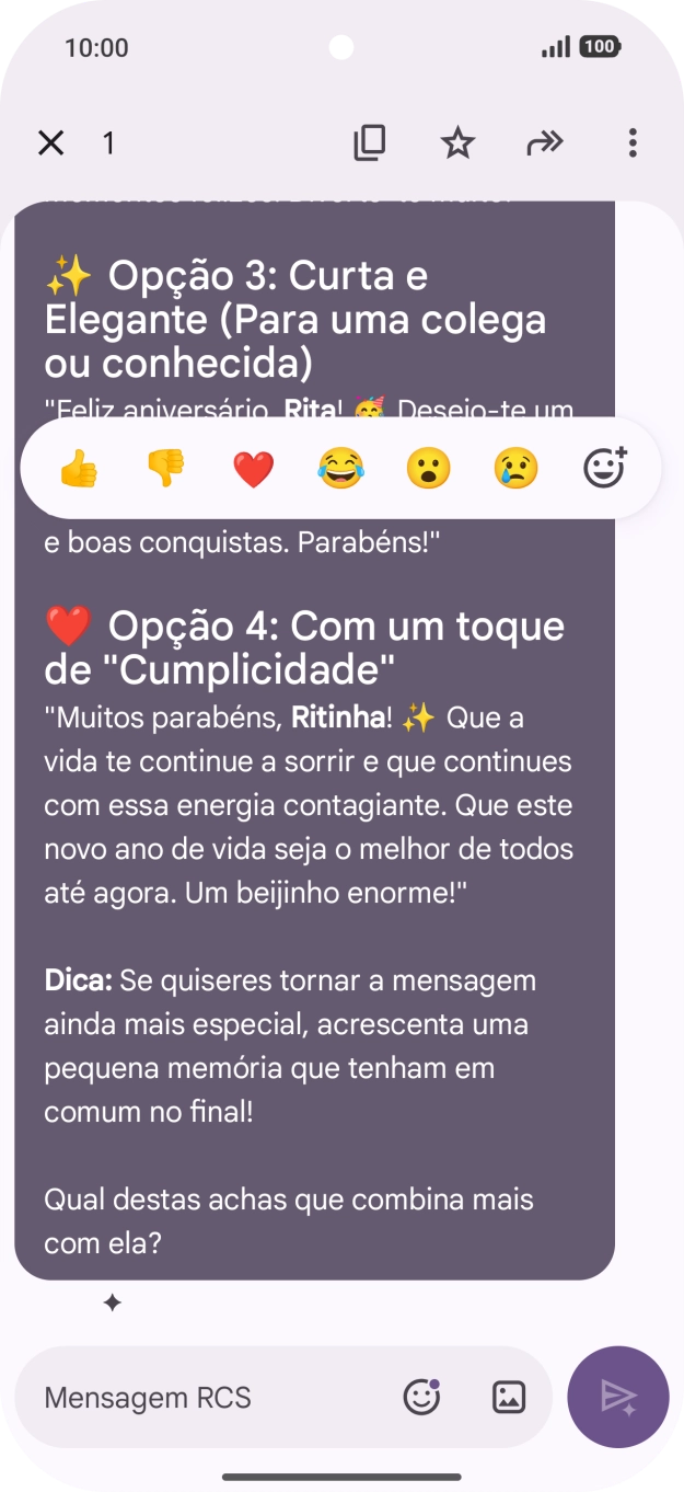 Mantenha premida por um momento a sugestão de texto da Gemini. Siga as indicações no ecrã  para utilizar a sugestão de texto.