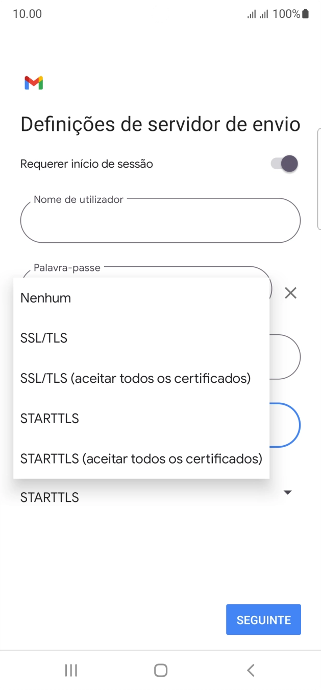 Prima STARTTLS para ativar a função.