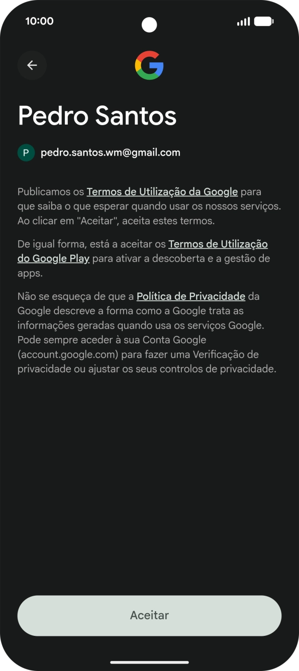 Prima Aceitar e siga as indicações no ecrã para escolher as definições da conta Google.