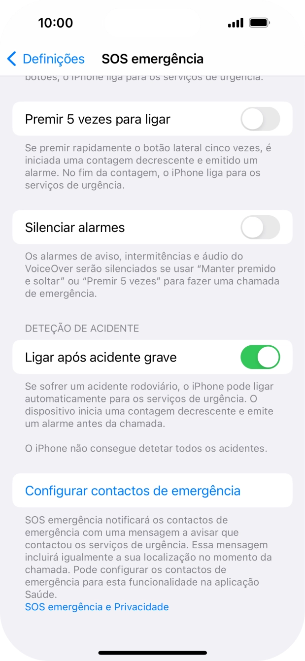 Prima Configurar contactos de emergência e siga as indicações no ecrã para introduzir a sua informação de emergência e os seus contactos de emergência.