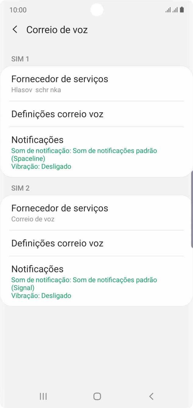 Prima Definições correio voz sob o cartão SIM pretendido.