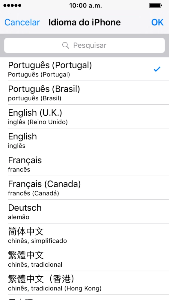 Prima OK e siga as indicações no ecrã para mudar para o idioma escolhido.