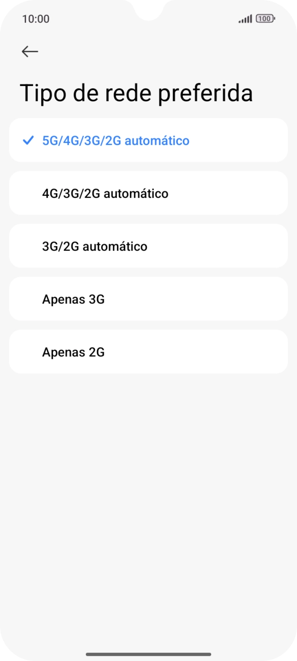Prima o tipo de rede pretendido.