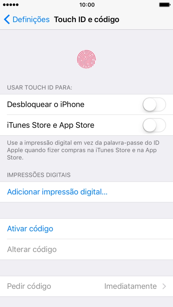 Prima Ativar código e introduza um código de bloqueio do telefone à escolha duas vezes de seguida.