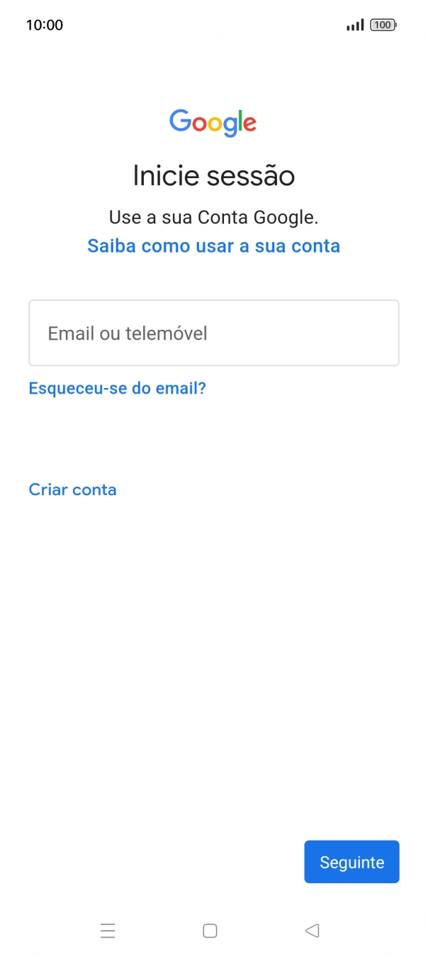 Se não tiver uma conta Google, prima Criar conta e siga as indicações no ecrã para criar uma conta.