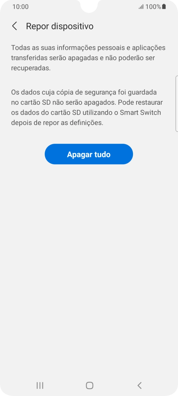 Prima Apagar tudo. Aguarde um momento enquanto o telefone restabelece as definições originais. Siga as indicações no ecrã para configurar o telefone de modo que este fique pronto a ser utilizado.