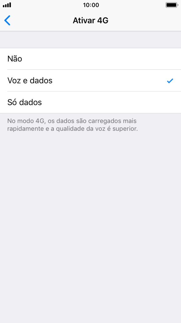 Para desativar o uso de 4G, prima Não.