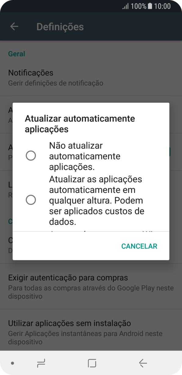 Para desativar a atualização automática de apps, prima Não atualizar automaticamente aplicações..