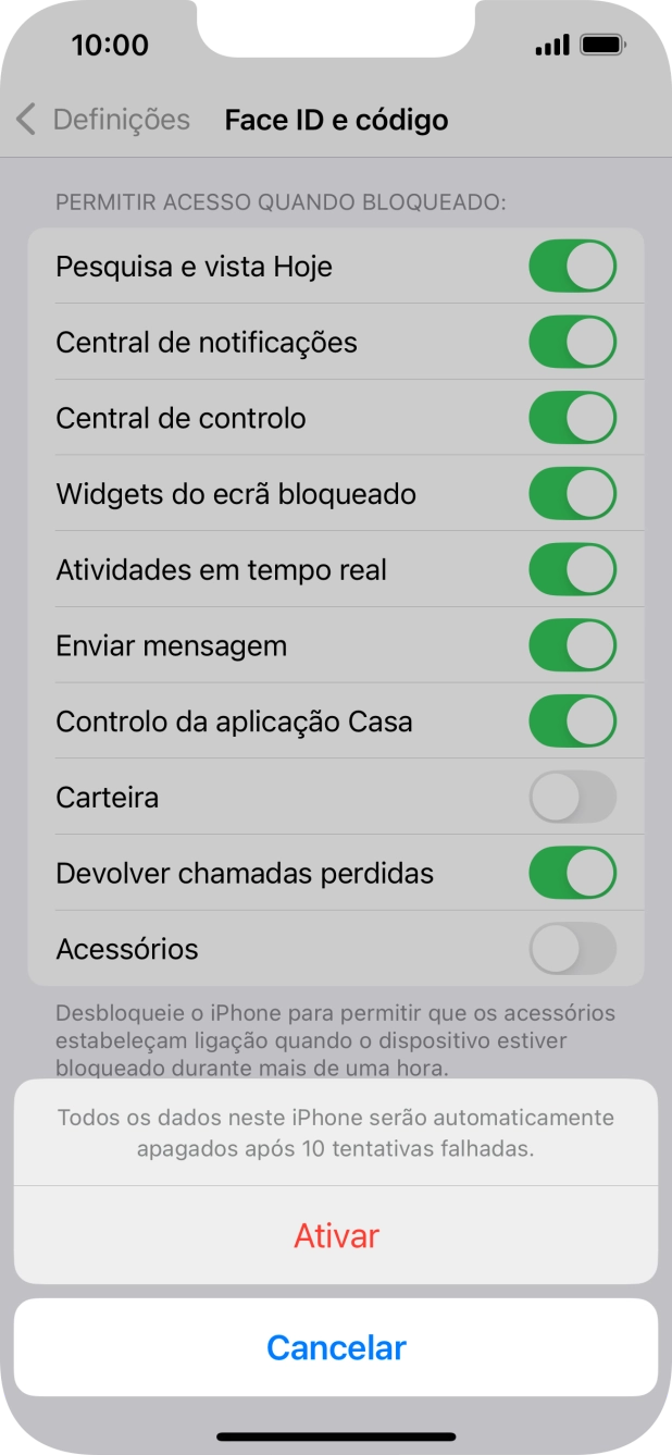 Se ativar a função, prima Ativar.