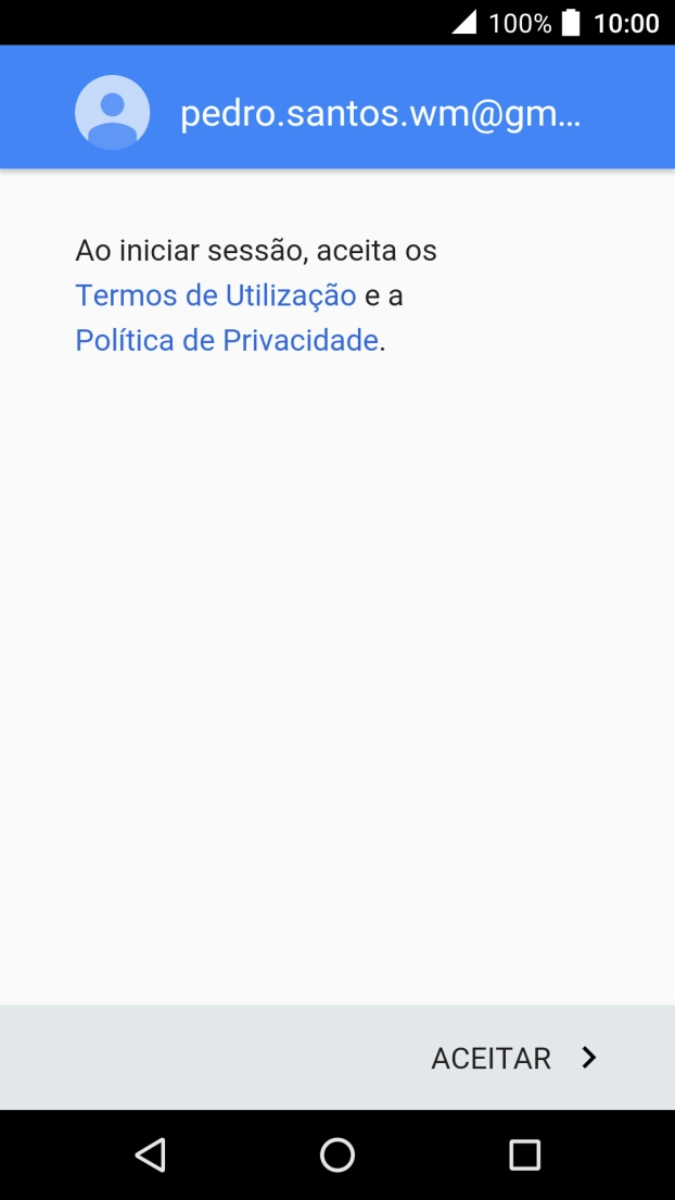 Prima ACEITAR e siga as indicações no ecrã para escolher as definições da conta Google.