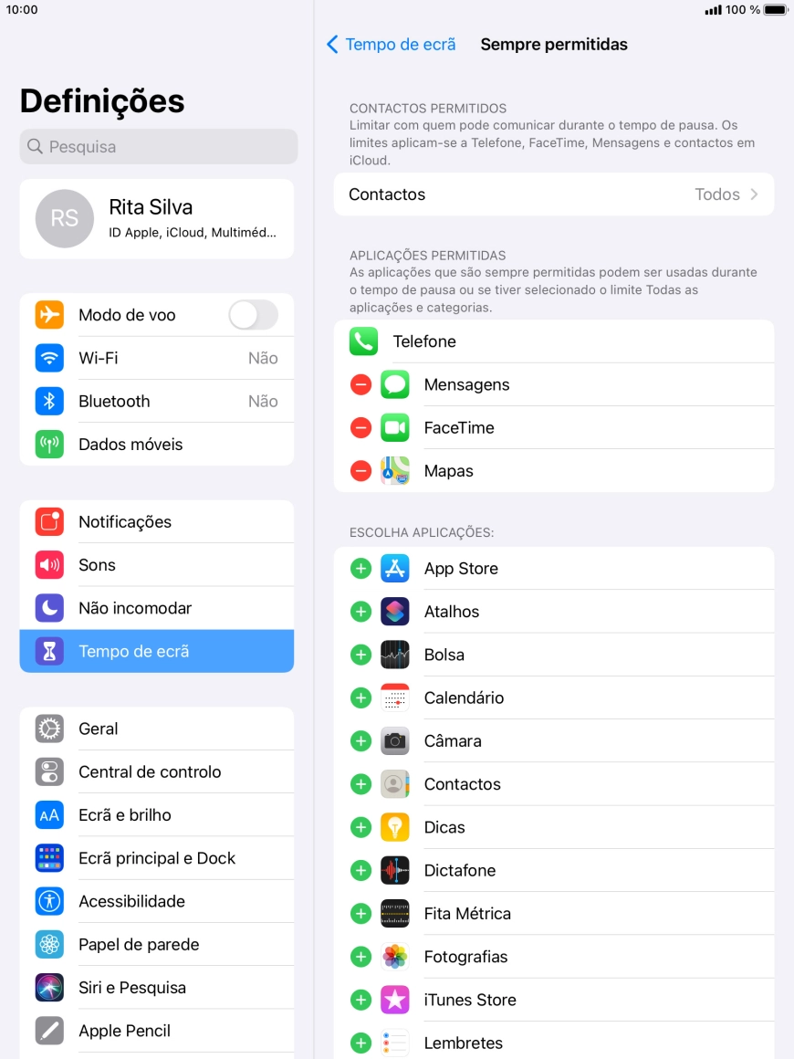 Prima o ícone para adicionar junto da app pretendida para a adicionar à lista de apps permitidas durante o Tempo de pausa.