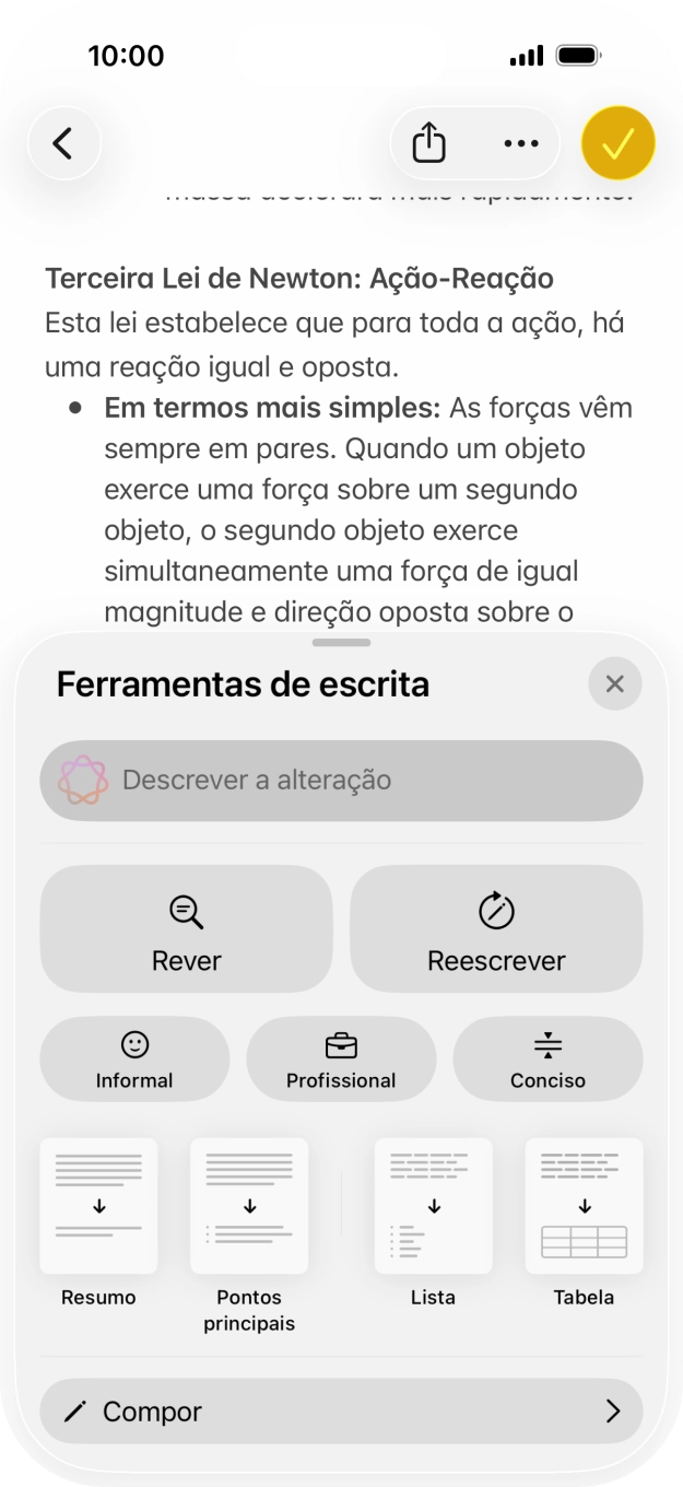 Prima Descrever a alteração e descreva em palavras suas, como pretende que o texto seja reescrito. Siga as indicações no ecrã para utilizar a função.