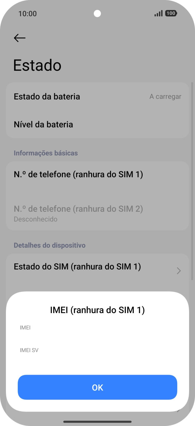 O código IMEI é mostrado no ecrã.