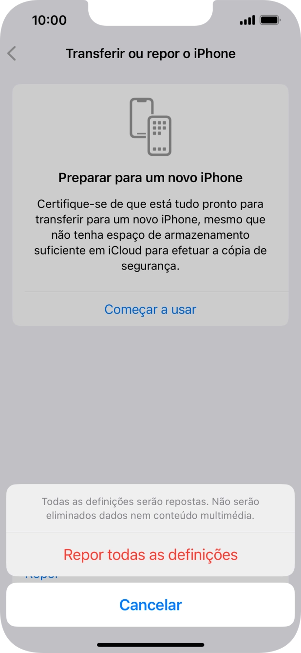Prima Repor todas as definições.