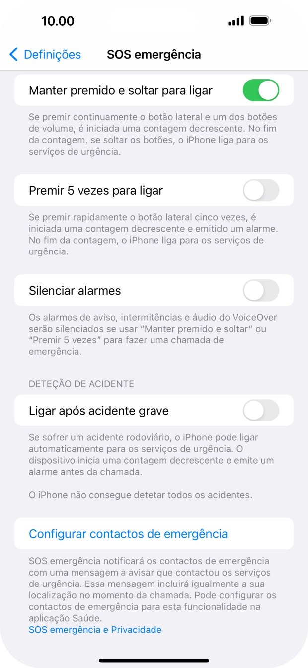 Prima Configurar contactos de emergência e siga as indicações no ecrã para introduzir a sua informação de emergência e os seus contactos de emergência.