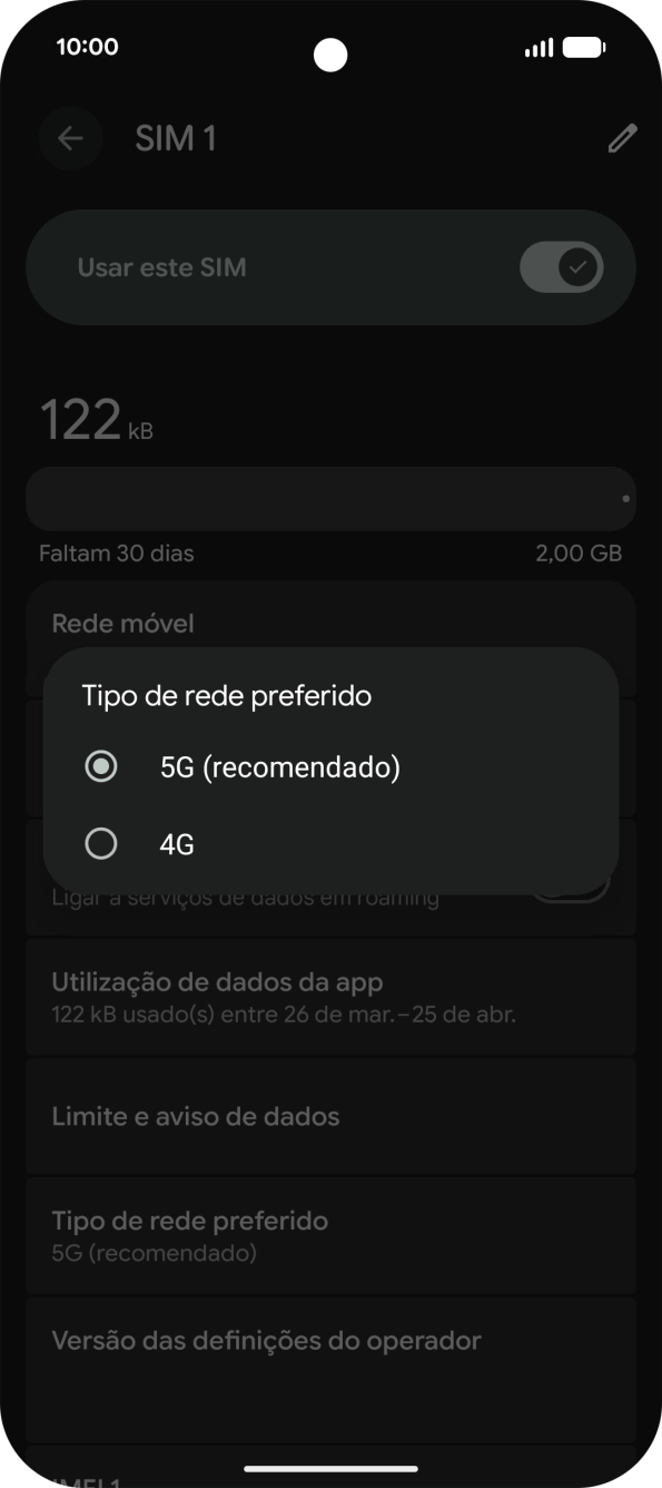 Prima o tipo de rede pretendido.