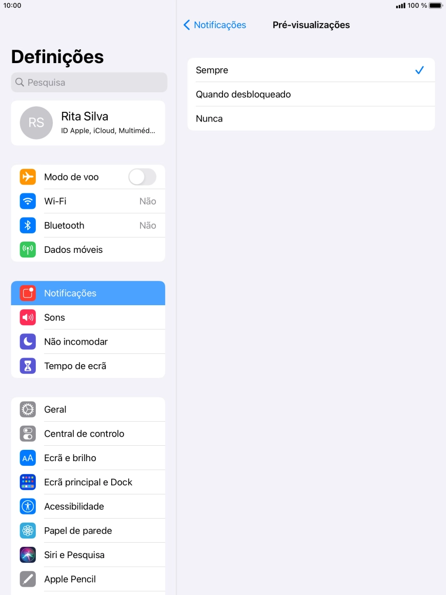 Para escolher a pré-visualização de notificações no ecrã bloqueado, prima Sempre.