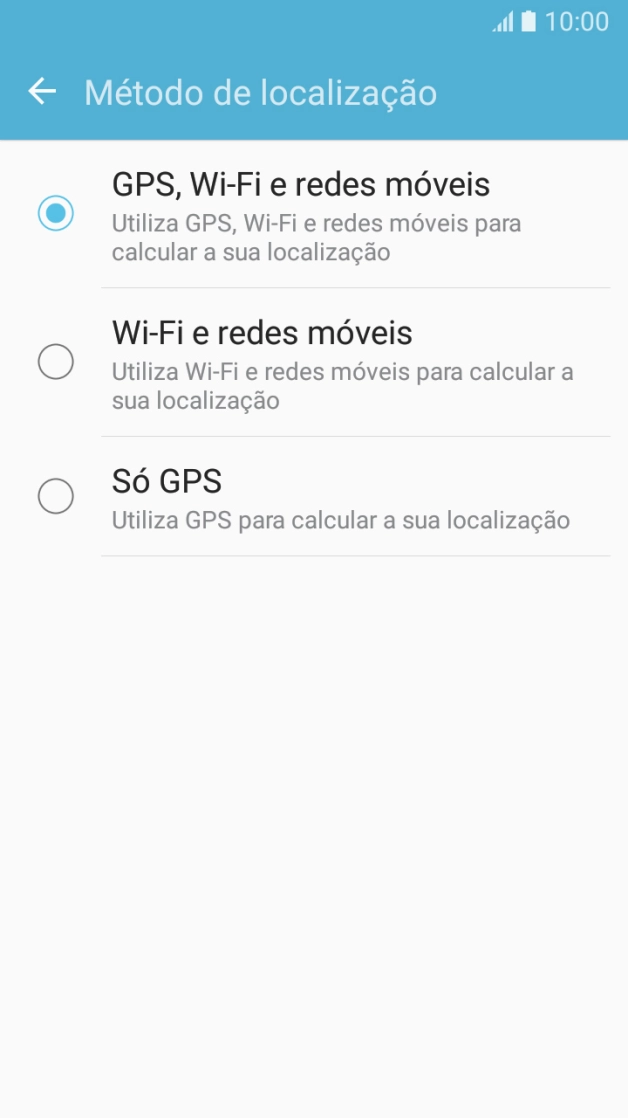 Se escolher GPS, Wi-Fi e redes móveis, o telefone irá encontrar a sua localização precisa utilizando os satélites GPS, a rede móvel e as redes Wi-Fi  nas proximidades. A navegação por satélite GPS requer vista livre ao céu.