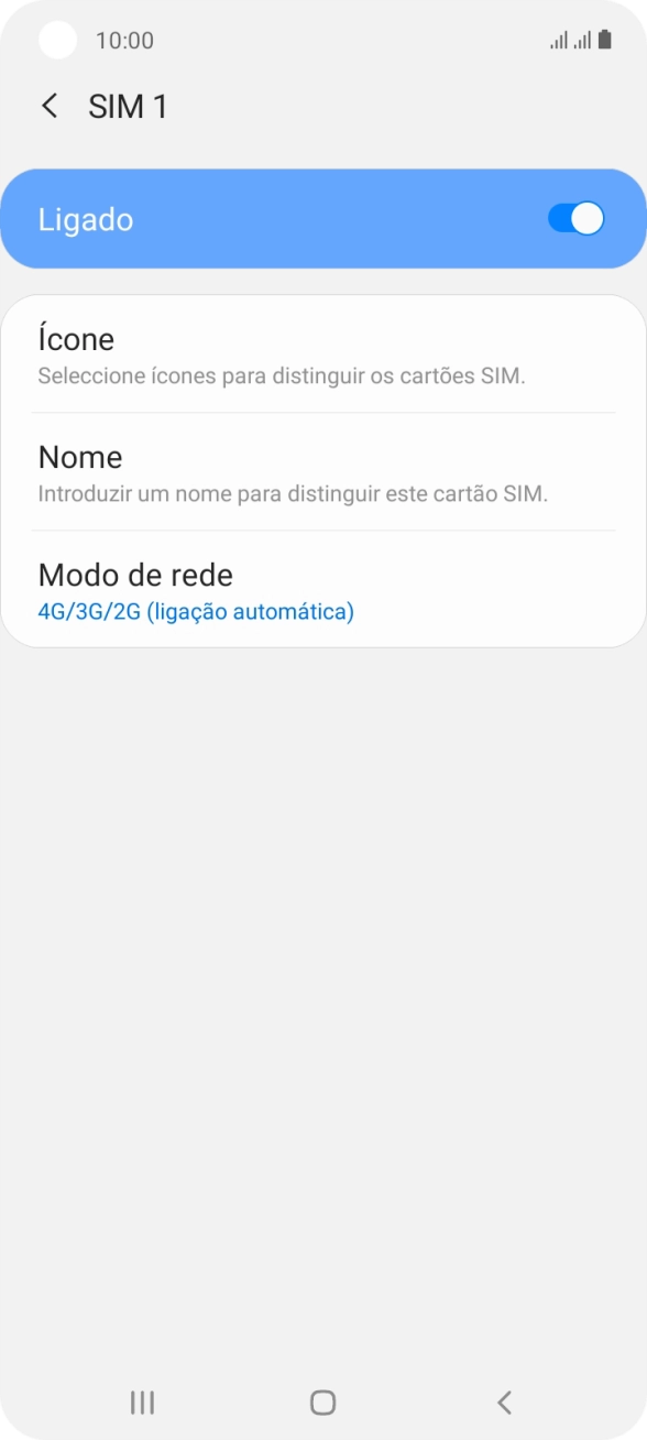 Prima o indicador para ativar ou desativar a utilização do cartão SIM.