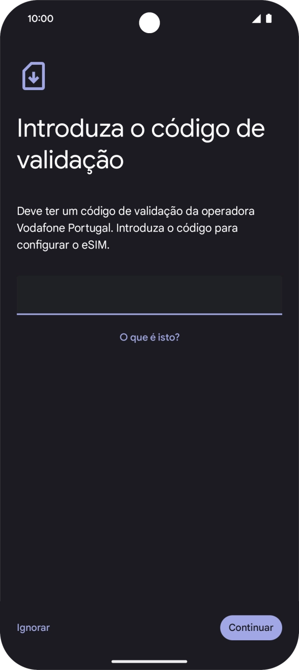 Introduza o código de confirmação enviado e prima Continuar.