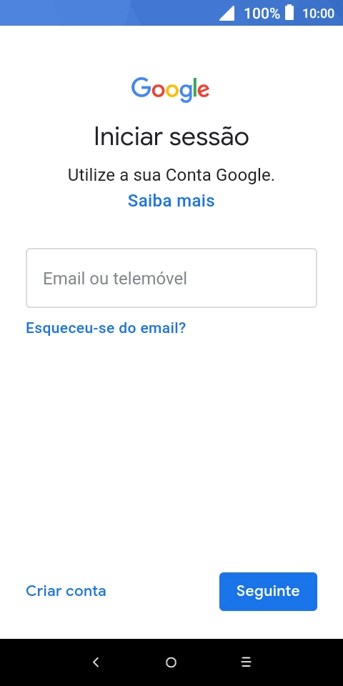 Se não tiver uma conta Google, prima Criar conta e siga as indicações no ecrã para criar uma conta.